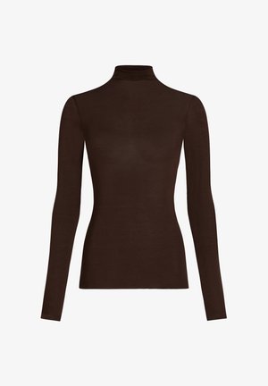 Bruin, langärmeliges Rollkragenoberteil aus leichtem Stoff, mit figurbetontem Design und glatter Textur ohne Muster oder Verzierungen.