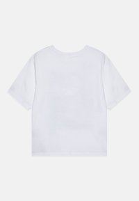 White short-sleeve t-shirt with a round neckline and a cropped design, featuring a smooth texture and standard hem finish.