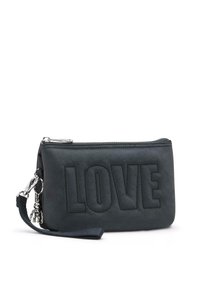 Dark blue leather wallet with embossed "LOVE" on the front, silver hardware, zip closure, and detachable wrist strap. Smooth texture.