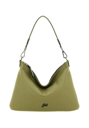 Borsa a spalla in pelle verde con chiusure e cerniera argentate, dotata di un manico superiore singolo e di un piccolo logo nero sul davanti.