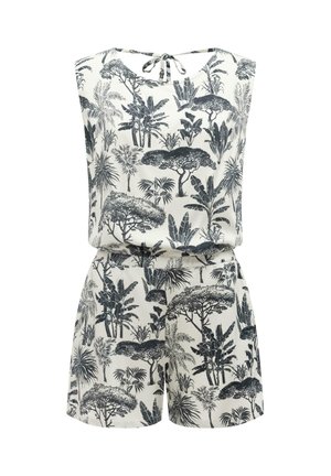 Hvit ermeløs romper med svart tropisk tre- og planteprint, med knyting bak i nakken og shorts med elastisk midjebånd.