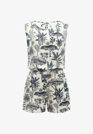 Valkoinen hihaton haalari, jossa musta trooppisten puiden ja kasvien kuvio. Takana solmittava kaula-aukko ja kuminauha vyötäröllä shortsiosa.