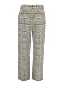 Schwarz-weiße kariertes Hosen mit weitem Bein, vorne und hinten Taschen und einem glatten Stoff.