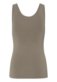Débardeur ajusté pour femme, sans manches, de couleur marron clair uni, avec encolure arrondie et ourlets soigneusement cousus.