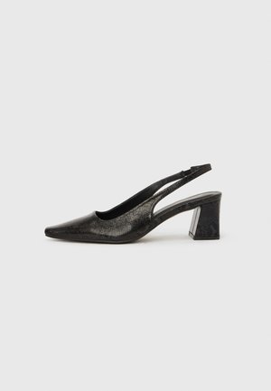 Black slingback pumps with a pointed toe and textured finish. Features a medium block heel and open sides for breathability.
