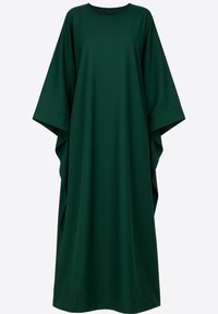 Grön oversizeklänning, korta ärmar, rund halsringning, tillverkad av glatt tyg med en lös och flödande silhuett.
