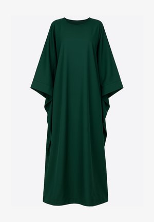 Groen oversized jurk, korte mouwen, ronde halslijn, gemaakt van gladde stof, met een losse en vloeiende silhouet.