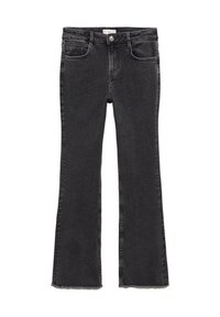 Črne flare jeans hlače iz denima, ki imajo klasičen petžepni dizajn, raztrgane robove in redno pasovanje z gumbnim zapiranjem spredaj.