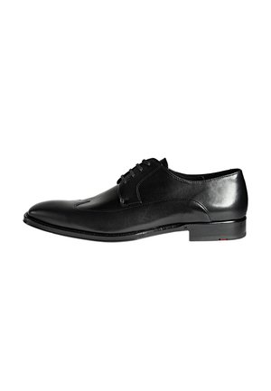 Black polished leather men's dress shoe with lace-up closure and low heel, shown in side profile on white background.