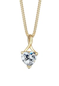 Goldkette mit einem herzförmigen klaren Kristallanhänger, gesichert durch eine dünne, gedrehte Kette und kleinen goldenen Akzenten.