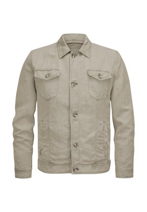 Beige Jeansjacke mit Kragen, Knopfverschluss, zwei Brusttaschen und Seitentaschen. Weiche Textur und einfaches, funktionales Design.