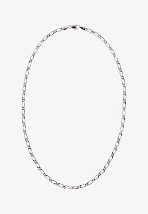 Hopeaketju, joka koostuu pitkänomaisista soikeista lenkeistä kiiltävällä pinnalla. Yksinkertainen muotoilu ja turvallinen sulkijaklipsi.