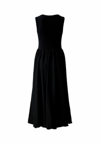 Schwarzes ärmelloses Kleid mit einem taillierten Oberteil und einem fließenden, gerafften Rock. Glatte Textur, knielang. Schlichter runder Ausschnitt hinten.