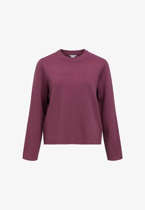 Bordeaux striktrøje med rund hals og lange ærmer. Stoffet har en glat tekstur og en afslappet pasform. Ingen synlige mønstre eller accenter.