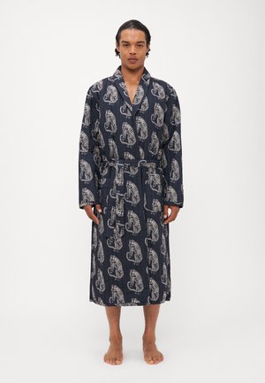 Navy robe with white tiger pattern, made of fabric with textured finish. Features long sleeves, waist tie, and knee-length hem.