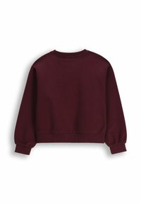 Burgundowy, krótki sweter z długimi, lekko bufiastymi rękawami i ściągaczami. Miękka tkanina, okrągły dekolt i gładka faktura.