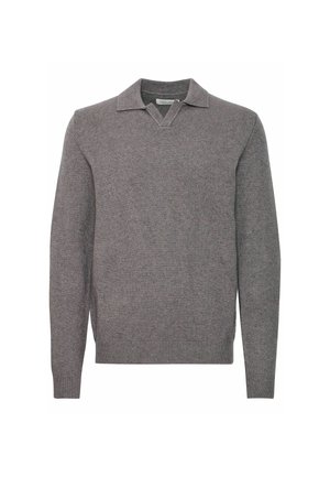 Grå genser med v-hals og krage, laget av mykt tekstil. Har ribbede mansjetter og kant, med et enkelt, klassisk design.