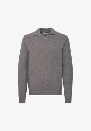 Gray sweater with a v-neck and collar, made of soft texture fabric. Features ribbed cuffs and hem, displaying a simple, classic design.