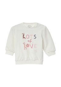 Witte sweatshirt met lange, poffende mouwen, elastische manchetten en zoom, voorzien van kleurrijke geborduurde tekst "LOTS of LOVE" en dierontwerpen.