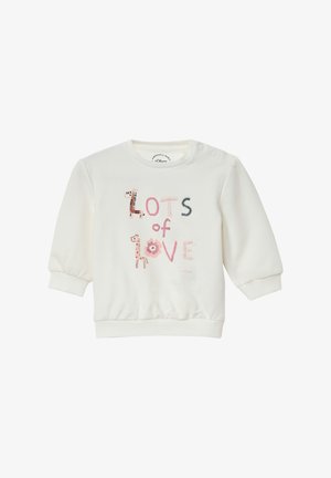 Witte sweatshirt met lange, poffende mouwen, elastische manchetten en zoom, voorzien van kleurrijke geborduurde tekst "LOTS of LOVE" en dierontwerpen.