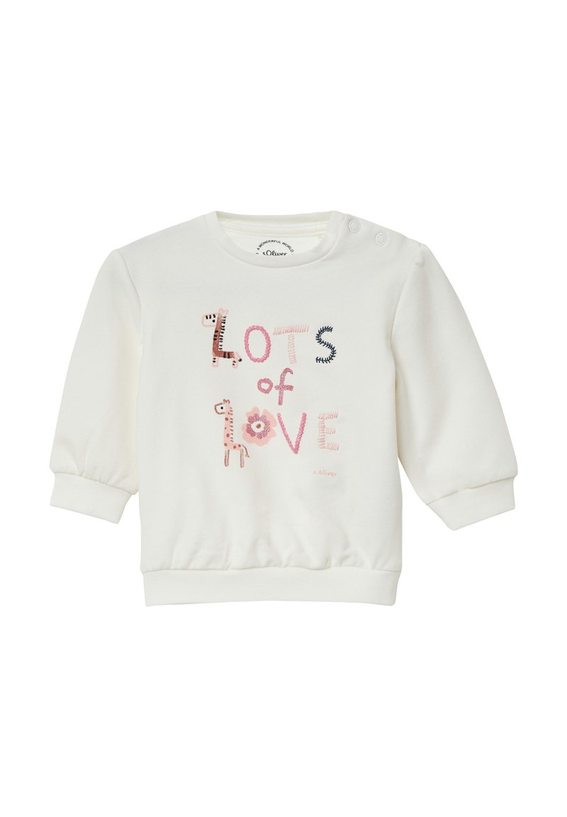 Witte sweatshirt met lange, poffende mouwen, elastische manchetten en zoom, voorzien van kleurrijke geborduurde tekst "LOTS of LOVE" en dierontwerpen.