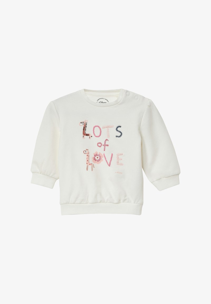 Witte sweatshirt met lange, poffende mouwen, elastische manchetten en zoom, voorzien van kleurrijke geborduurde tekst "LOTS of LOVE" en dierontwerpen.