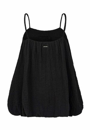 Czarny teksturowany top bez rękawów z cienkimi ramiączkami i luźnym, balonowym krojem, z małym białym logo w zygzak w pobliżu dekoltu.