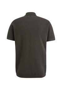 Kortärmad polo i mörkgrått, texturerat stickat material. Har en krage och en liten logotypdetalj på baksidan nära halslinningen.