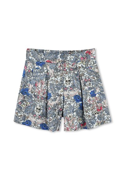Shorts floraux avec un motif multicolore de fleurs bleues et roses, une coupe décontractée et une taille élastique pour plus de confort.
