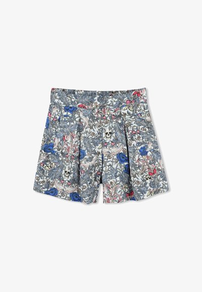 Bloemige shorts met een multikleurig patroon van blauwe en roze bloemen, een ontspannen pasvorm en een elastische tailleband voor comfort.