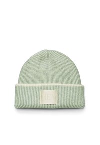 Mintgroene gebreide beanie met ribbeltextuur, met een omgeslagen manchet en een crèmekleurig label met "HEY" in reliëf.