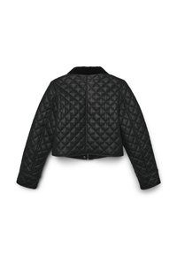Veste en cuir noir matelassé avec un design court, dotée d'un col côtelé et de longues manches. Motif en diamant remarquable sur l'ensemble.