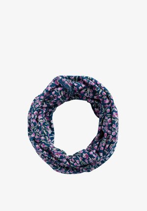 Gėlėtas begalybės šalikas tamsiai mėlynos spalvos su violetiniais ir rožiniais žiedų raštais; pagamintas iš minkšto, lengvo audinio su lygiu paviršiumi.