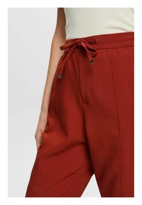 Luźne, rdzawoczerwone spodnie wykonane z gładkiego materiału z elastycznym paskiem, z przednimi kieszeniami i subtelnymi pionowymi szwami.