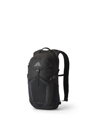 Schwarzer Gregory Nano 20 Rucksack mit vorderer Reißverschlusstasche, verstellbaren Schultergurten und Tragegriff oben vor weißem Hintergrund.