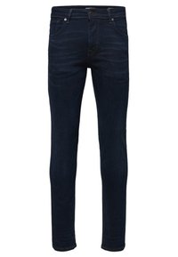 Jeans de denim azul oscuro con un corte Slim Fit, diseño de cinco bolsillos y detalles sutiles de desgaste en la parte delantera. Presenta un cierre de botón y cremallera.