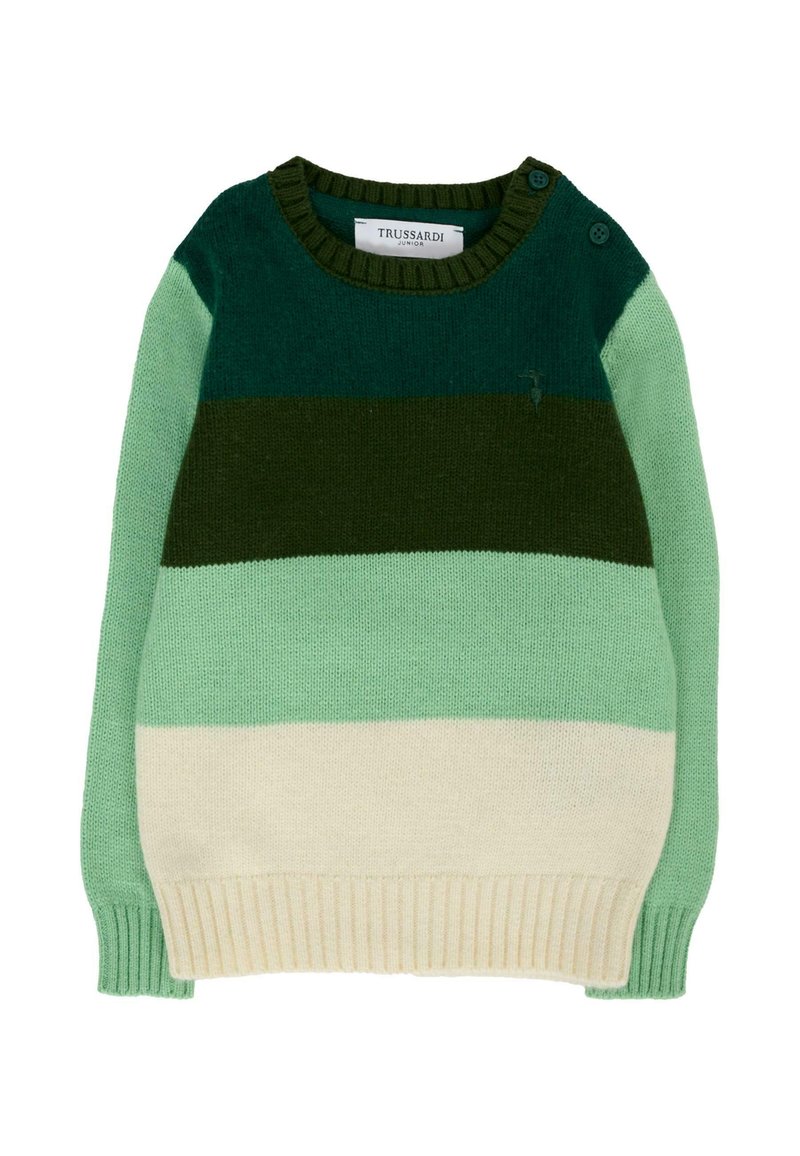 Pull à rayures vertes avec un col rond, présentant des nuances de vert foncé et clair, une bande crème en bas et des boutons aux épaules.