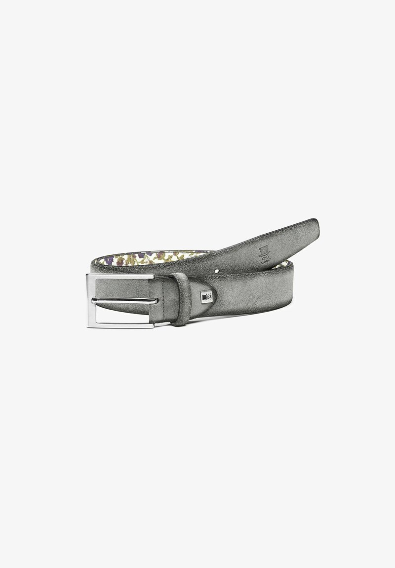 Gürtel aus grauem Leder mit glatter Textur, ausgestattet mit einer silbernen Metallschnalle und einem bunten, gemusterten Innenfutter. Verstellbare Länge und zugespitztes Ende.