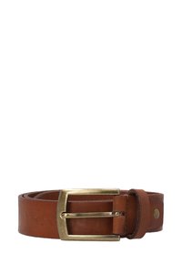 Brown leather belt rolled up with a rectangular brass buckle and a leather loop near the fastener.