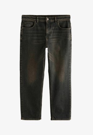 Black denim jeans with a straight leg design, five pockets, and a front button closure. Features subtle fading and contrast stitching.