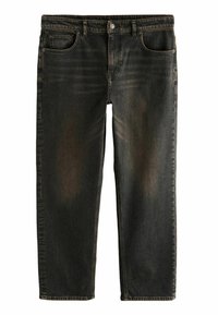 Schwarze Denim-Jeans mit geradem Bein, fünf Taschen und einem vorderen Knopfverschluss. Mit dezentem Used-Look und Kontrastnähten.