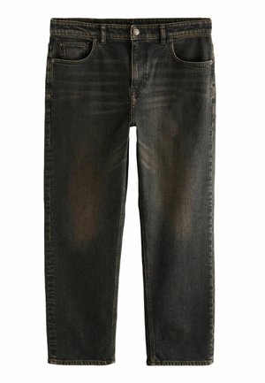 Zwarte denim jeans met een recht model, vijf zakken en een sluiting met een knoop aan de voorkant. Heeft subtiele vervaging en contrasterende stiksels.