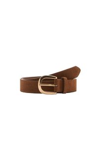 Brown suede belt with a flat, gold-tone metal buckle. Features a smooth texture and a traditional design with multiple adjustment holes.