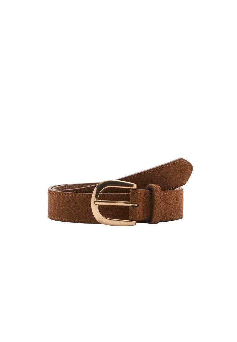 Brown suede belt with a flat, gold-tone metal buckle. Features a smooth texture and a traditional design with multiple adjustment holes.