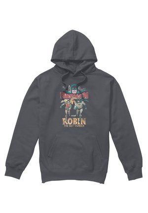Dunkelgrauer Hoodie mit Batman und Robin, die mit einer Stadt-Skyline laufen, und dem Text "Batman and Robin The Boy Wonder."