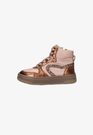 Hoge sneakers in lichtroze leer met bronzen accenten, textuurdetails, sprankelende zij-elementen en een gumrubberen zool.