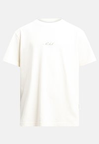 T-shirt en coton blanc à manches courtes, avec un petit logo "Rebel" brodé en vert au centre, col rond et coupe décontractée.