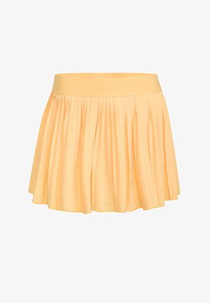 Minigonna plissettata color pesca con una larga fascia in vita e una silhouette svasata.