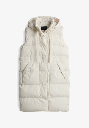 Gepolsterte Weste mit Kapuze in Elfenbeinfarbe. Verfügt über zwei Seitentaschen, verstellbare Kordeln und eine gesteppten Textur.