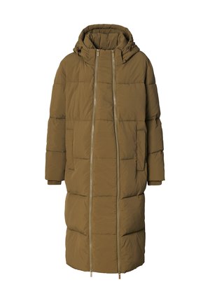 Langer olivgrüner, gepolsterter Wintermantel mit Kapuze, zwei Vorderseitentaschen, gerippten Bündchen und doppelten Front-Reißverschlüssen.